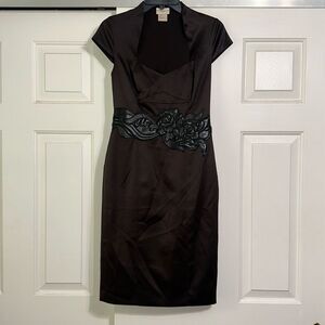 KAREN MILLEN ENGLAND Black Satin Dress w/ Faux Leather Floral Embellishment